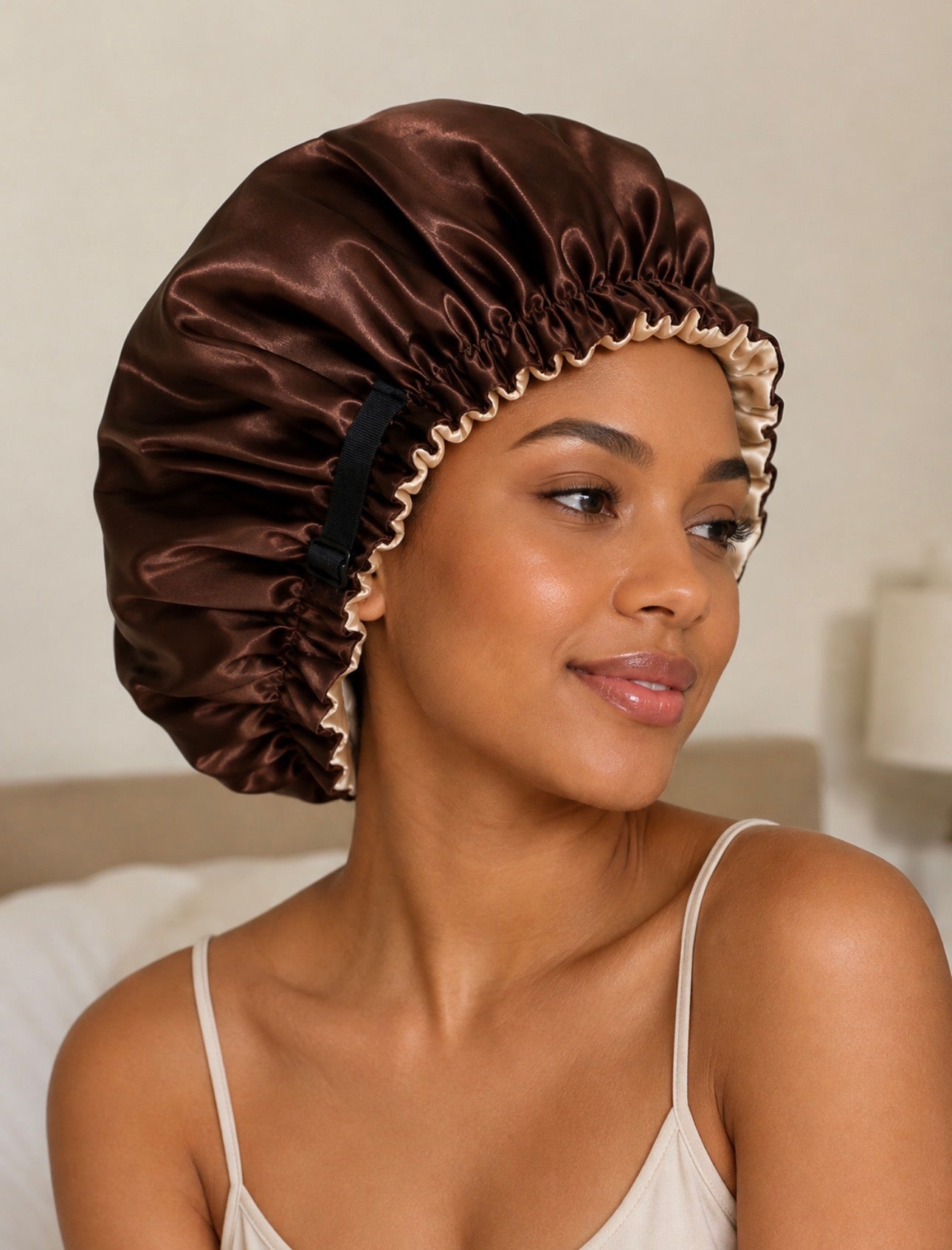 Hadaka Beauty Hair Bonnet Reversible/ Adjustable strap Champagne Beige/ Rich Brown
