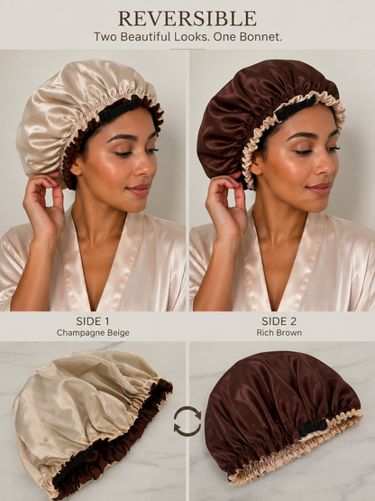 Hadaka Beauty Hair Bonnet Reversible/ Adjustable strap Champagne Beige/ Rich Brown