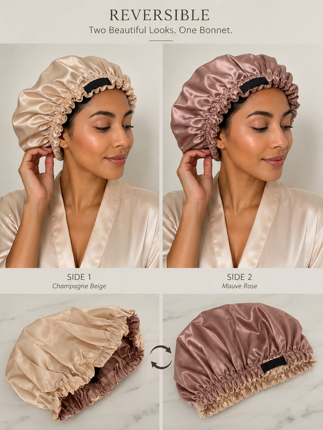 Hadaka Beauty Hair Bonnet Adjustable strap / Reversible in Champagne Beige/ Mauve Rosé