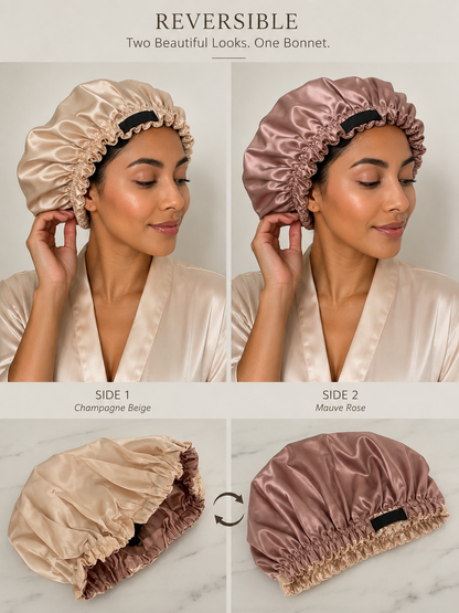 Hadaka Beauty Hair Bonnet Adjustable strap / Reversible in Champagne Beige/ Mauve Rosé