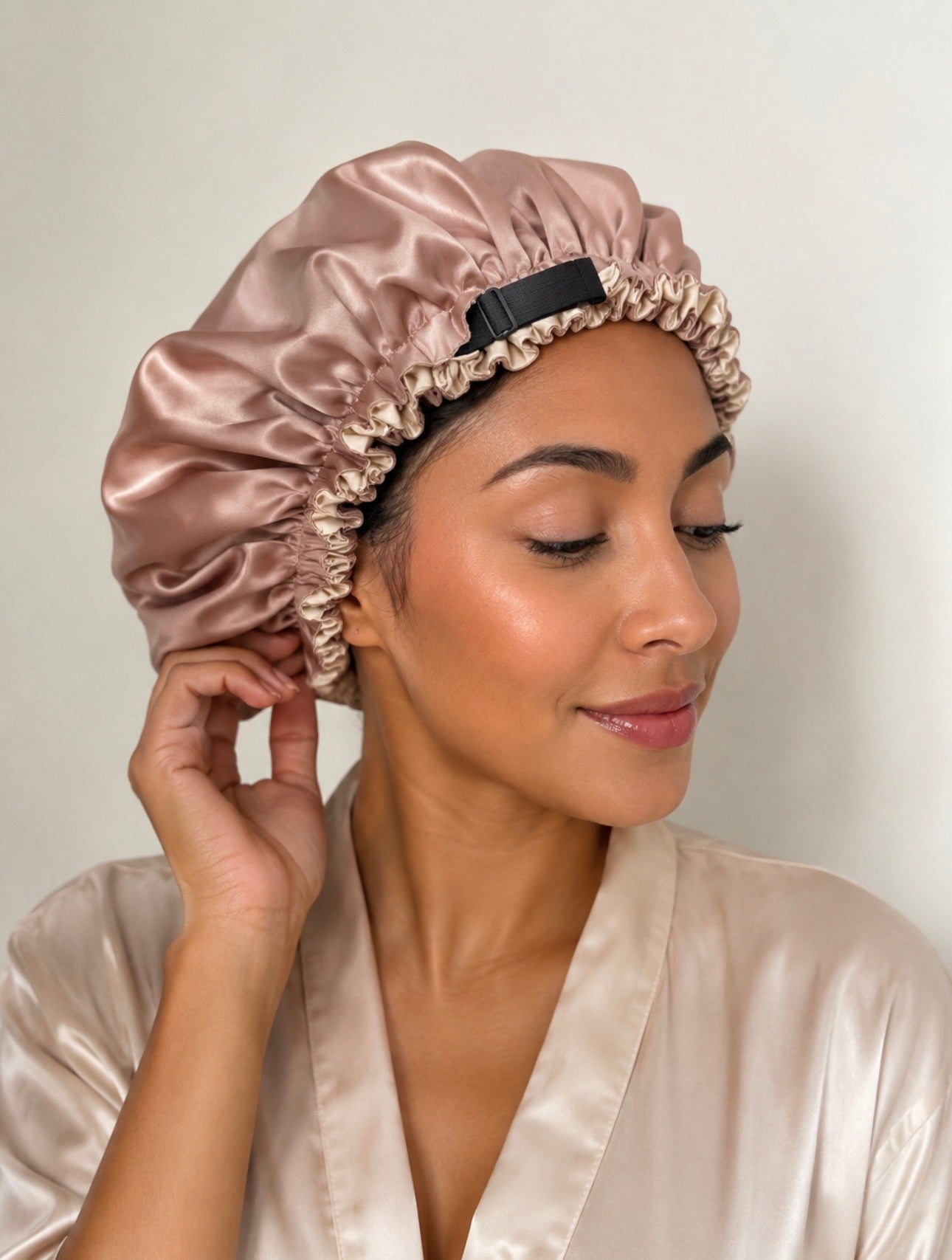 Hadaka Beauty Hair Bonnet Adjustable strap / Reversible in Champagne Beige/ Mauve Rosé